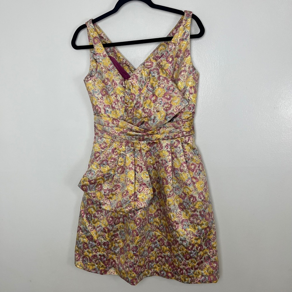 Zac Posen Floral Brocade Cocktail Dress Girls 7 Gold Pink Metallic V-Neck